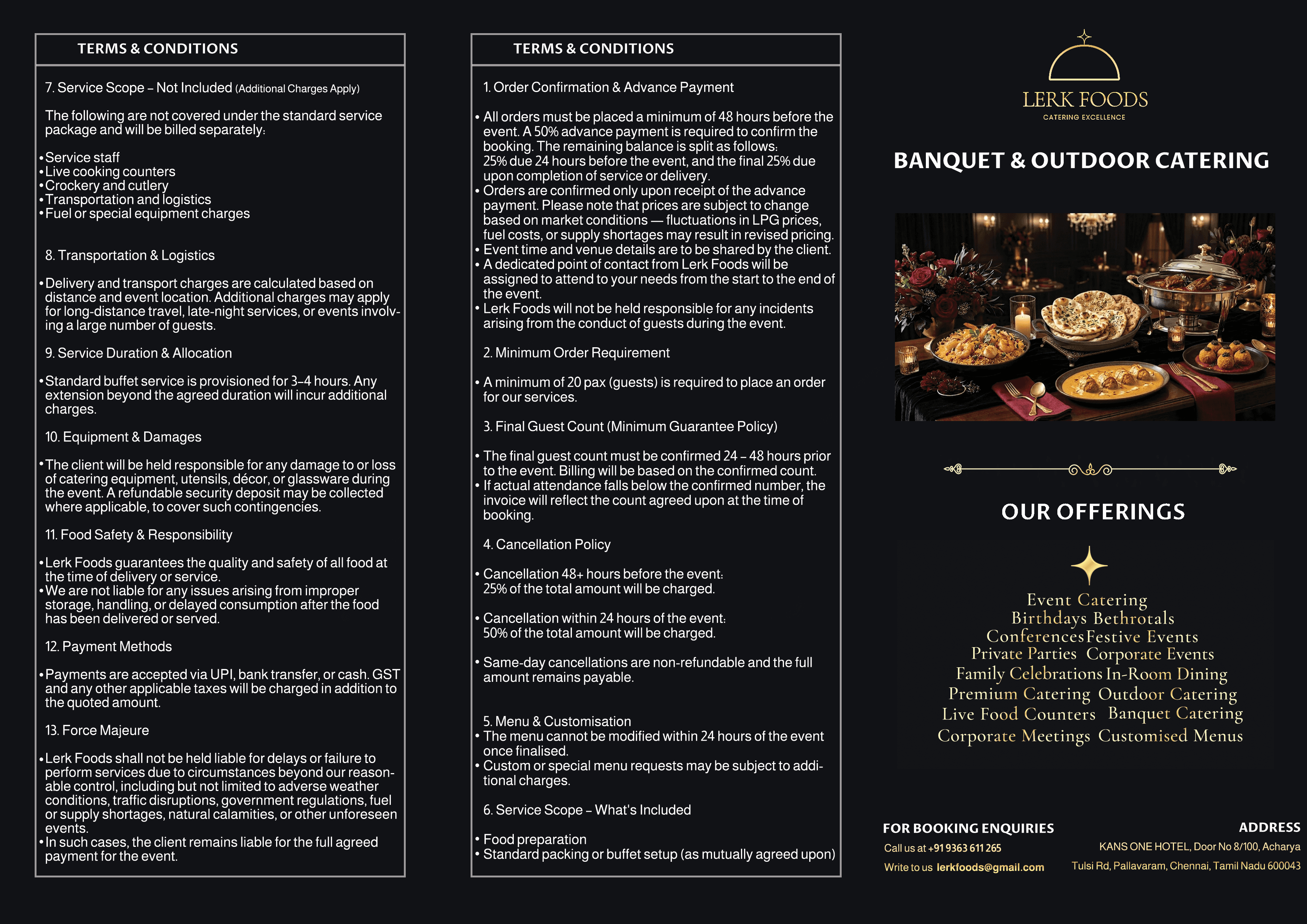 Lerk Foods banquet menu page one