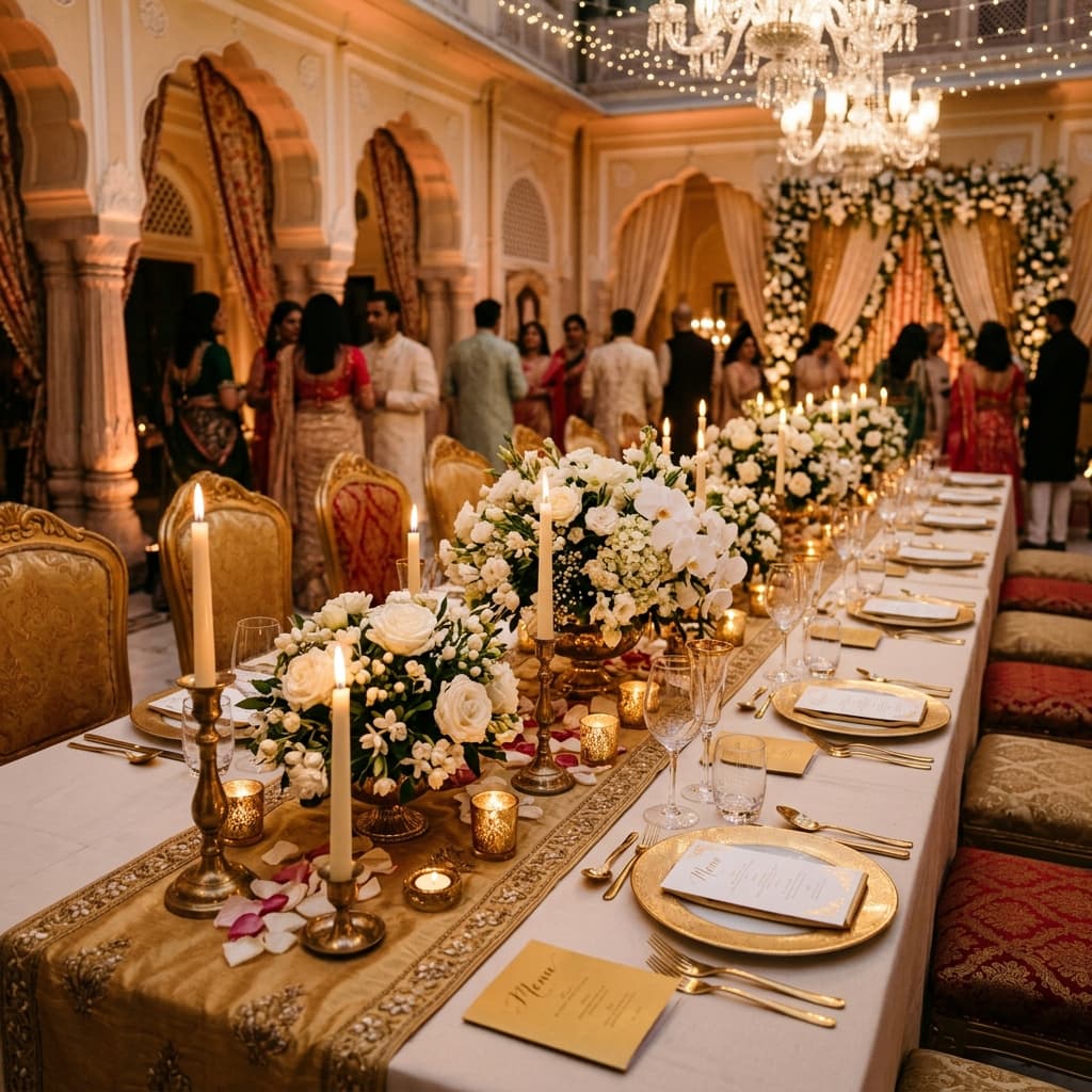 Luxury Indian engagement ceremony dining setting