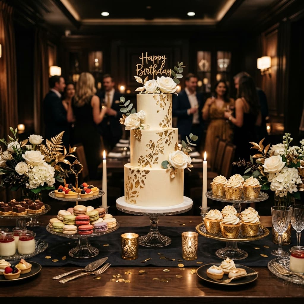 Celebration cake and dessert table for a private event