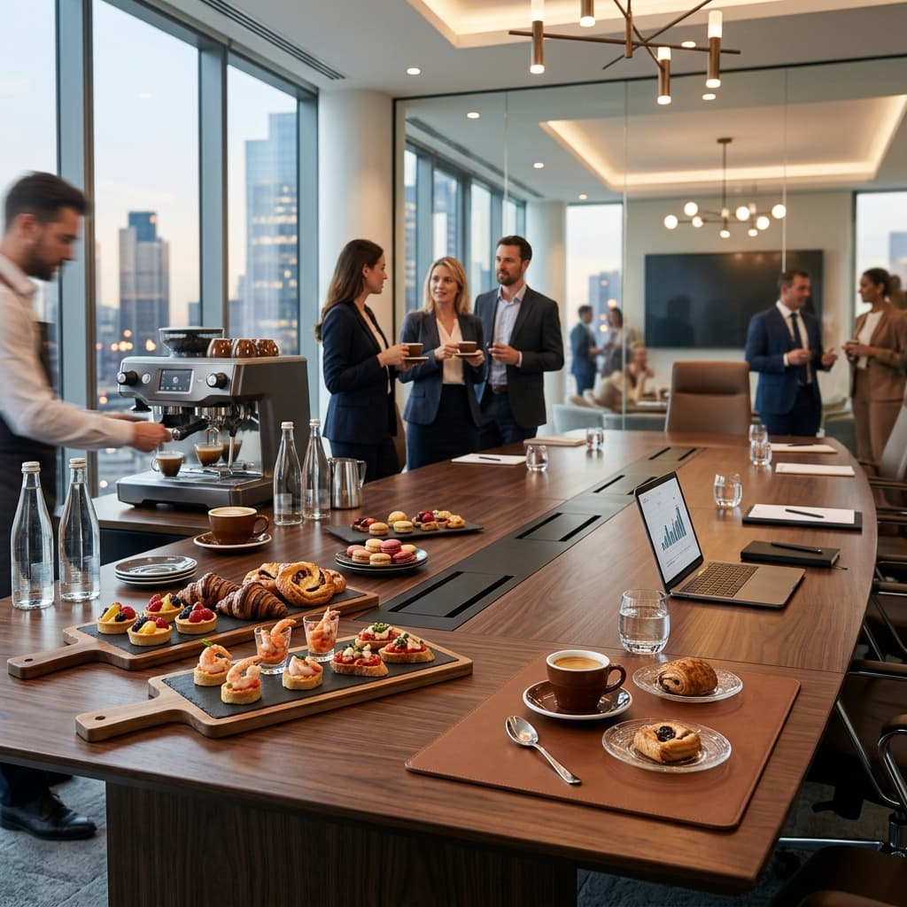 Gourmet coffee break setup in corporate boardroom