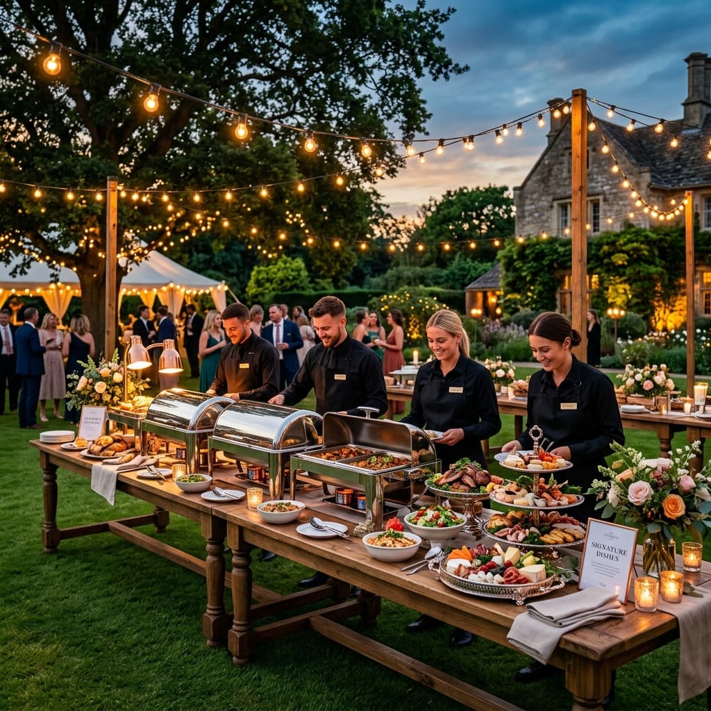 Luxurious outdoor buffet catering in garden setting at dusk